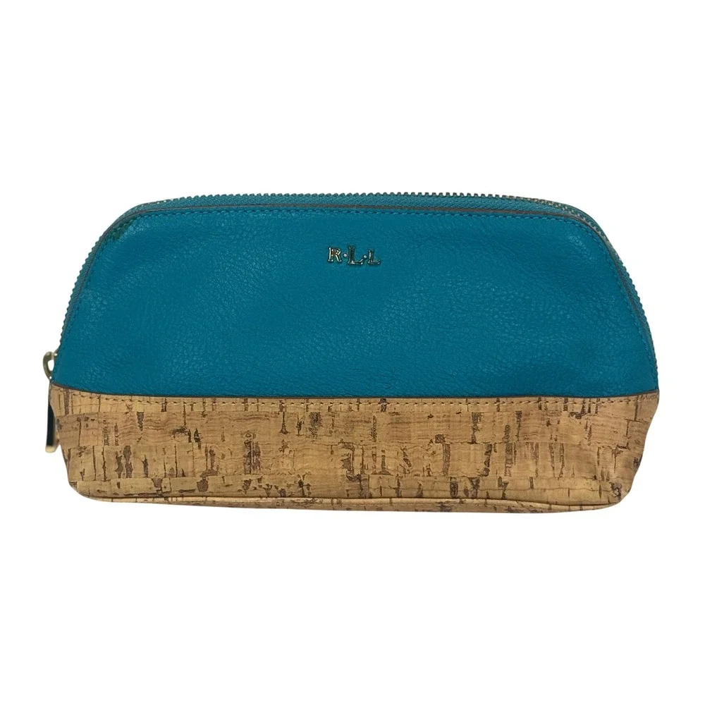 Lauren Ralph Lauren Teal‎ Cork Cosmetic Bag Makeup Pouch Zippered Organizer